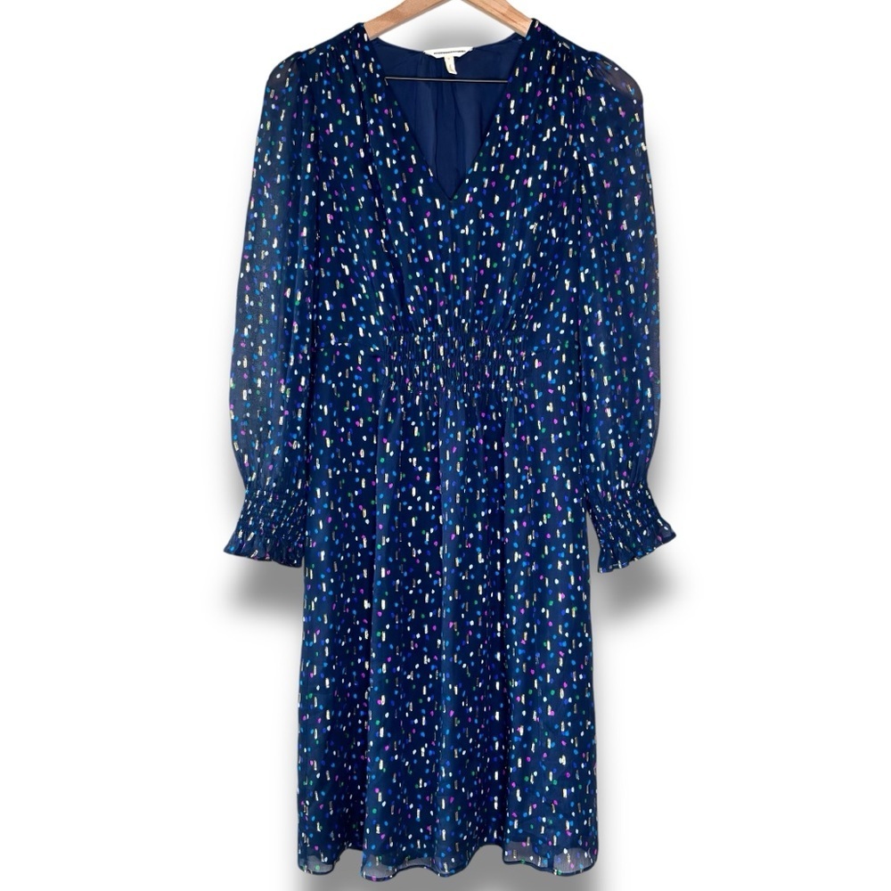 Rebecca Taylor Blue Gold Metallic Multicolor Specks‎ Smocked Waist Silk Dress 2